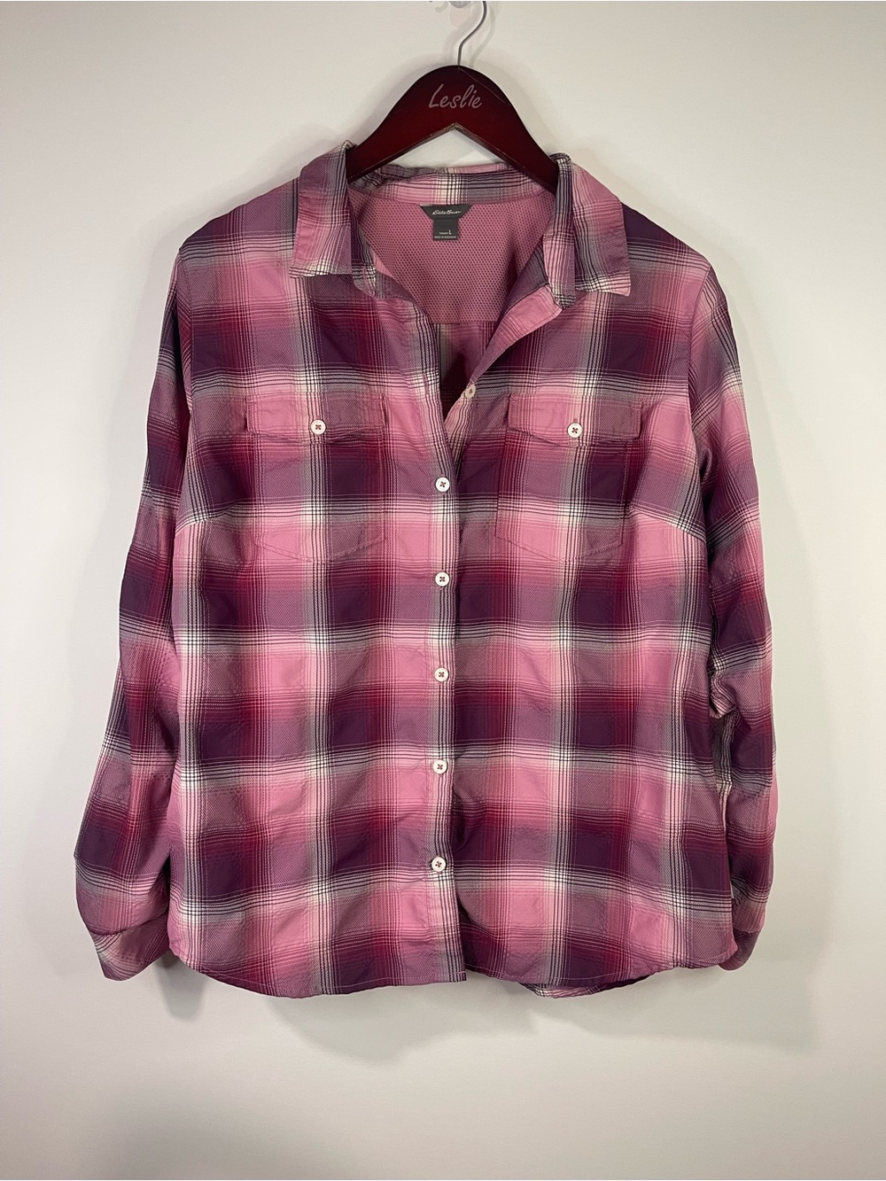Eddie Bauer Purple-Pink Plaid Button-Up plaid Shirt.